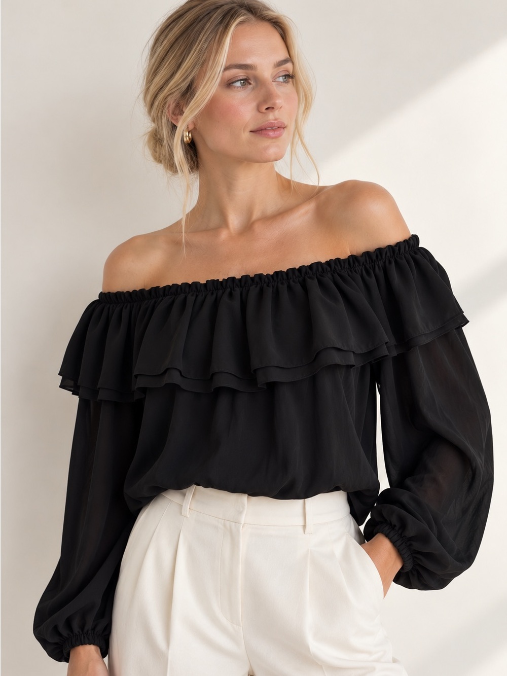 Michael Kors Collection Italy Black 100% Silk Ruffle Off Shoulder Blouse Sz M